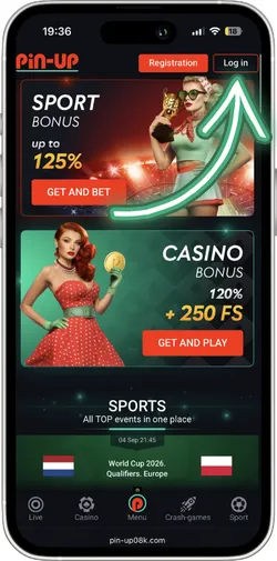 Log In button located in the upper right corner of Pin Up homepage